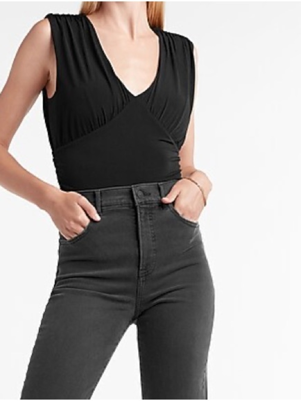 Express Body Contour Black Empire V-Neck Thong Bodysuit Size S